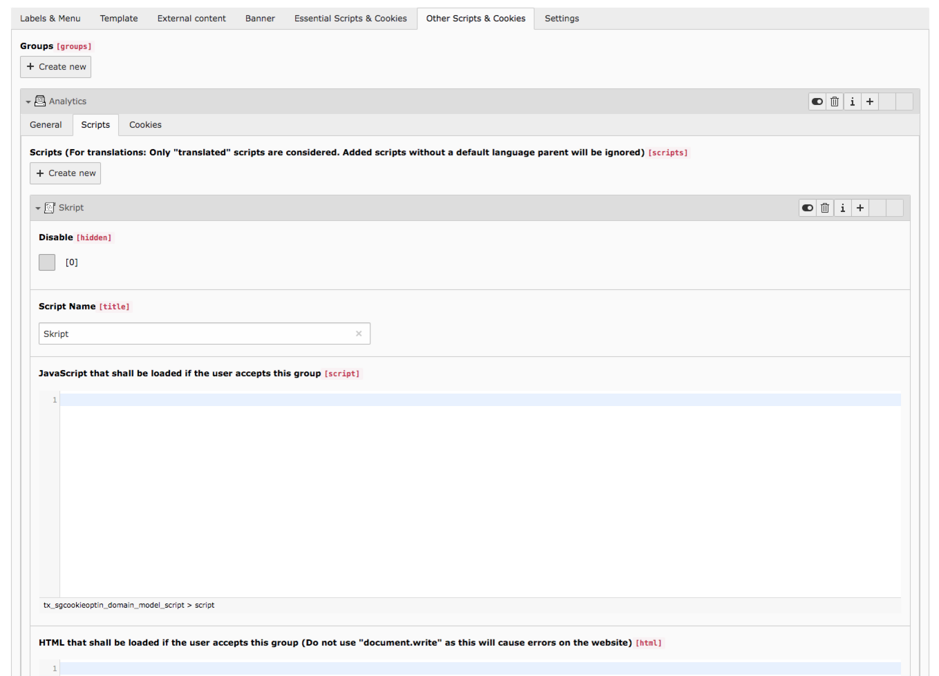 Cookie Consent TYPO3 Tab Other Script & Cookie Groups Scripts