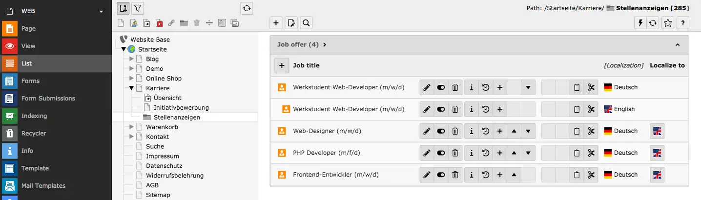 TYPO3 Content Elements Plugins Job Applications Form Module List