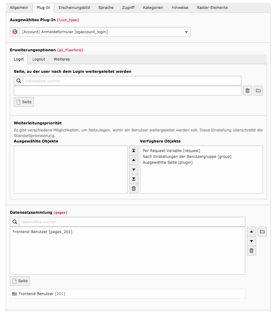 TYPO3 Account Inhaltselement Anmeldeformular Backend Reiter Plugin 