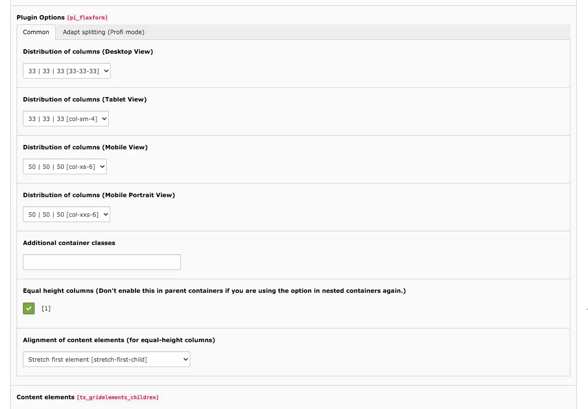 TYPO3 Content Element Grid Elements Three Columns Backend Tab General Distribution of Columns