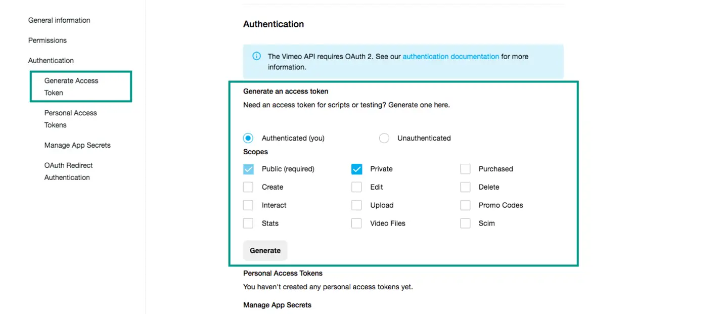 Vimeo – Generate Access Token