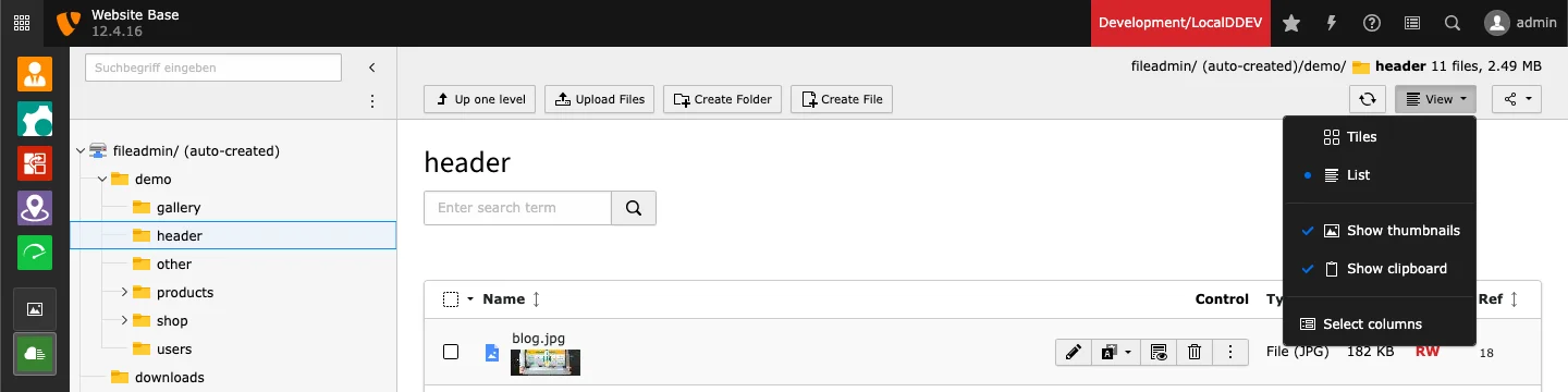 TYPO3 file list column view with the option 'Select columns'