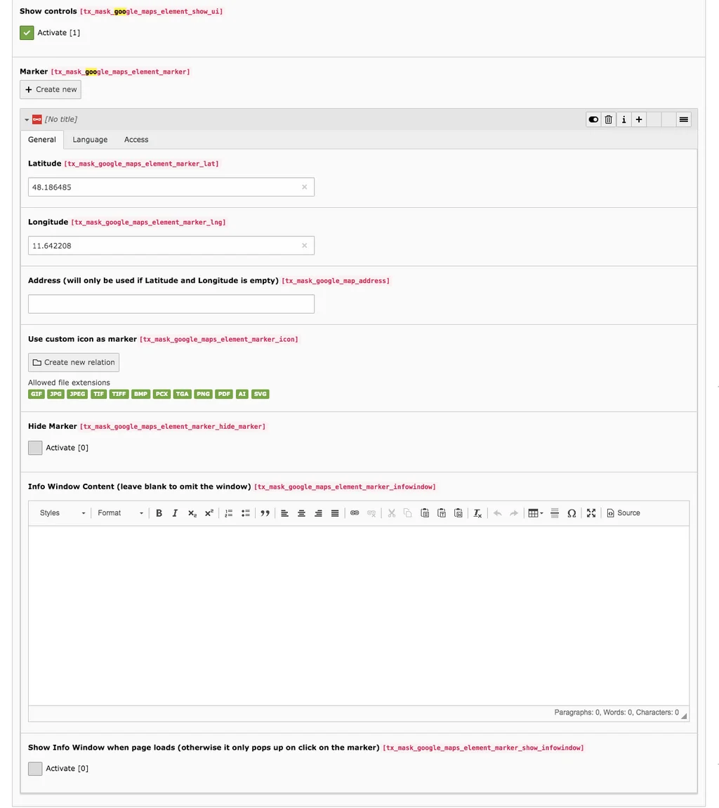 TYPO3 Mask Element Google Maps Backend Tab General Marker