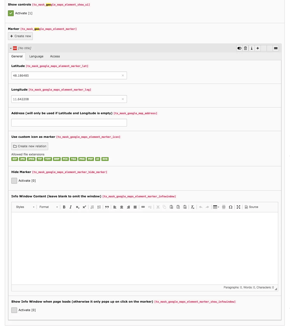 TYPO3 Mask Element Google Maps Backend Tab General Marker