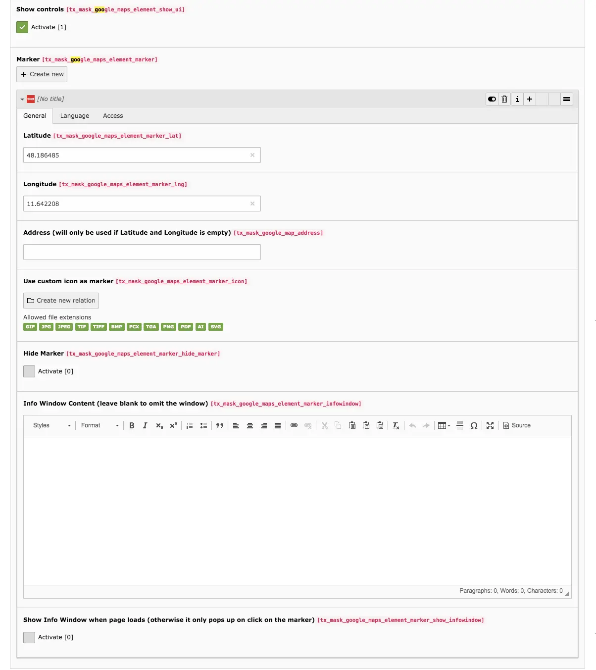 TYPO3 Mask Element Google Maps Backend Tab General Marker