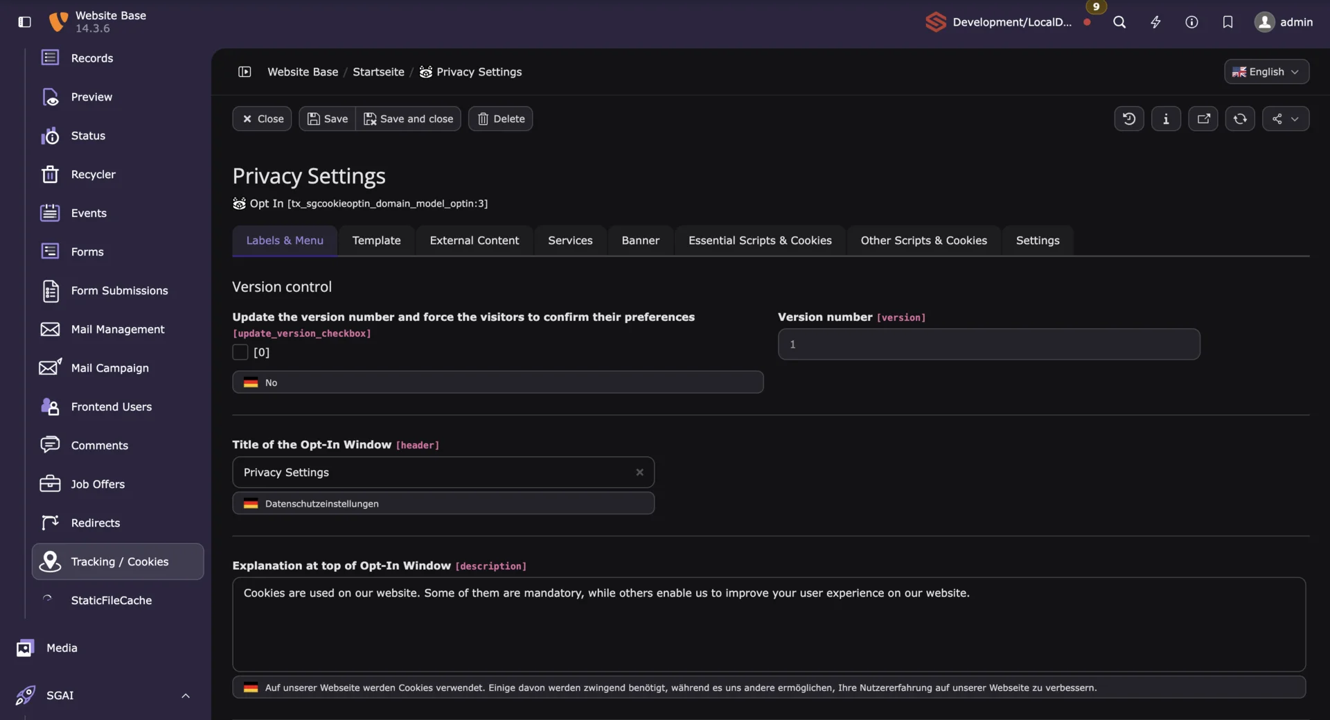 Privacy settings and cookie opt-in configuration in the TYPO3 backend.