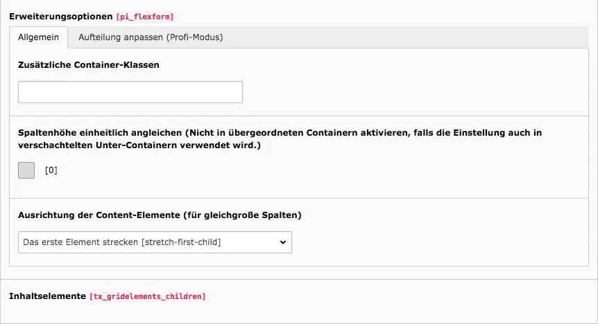 TYPO3 Inhaltselement Raster-Elemente 4-Spalter Backend Reiter Allgemein Verteilung der Spalten