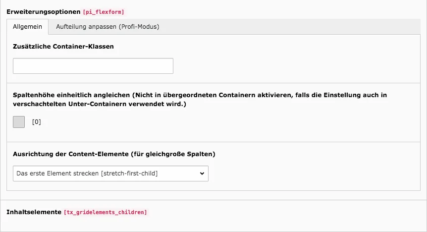 TYPO3 Inhaltselement Raster-Elemente 4-Spalter Backend Reiter Allgemein Verteilung der Spalten