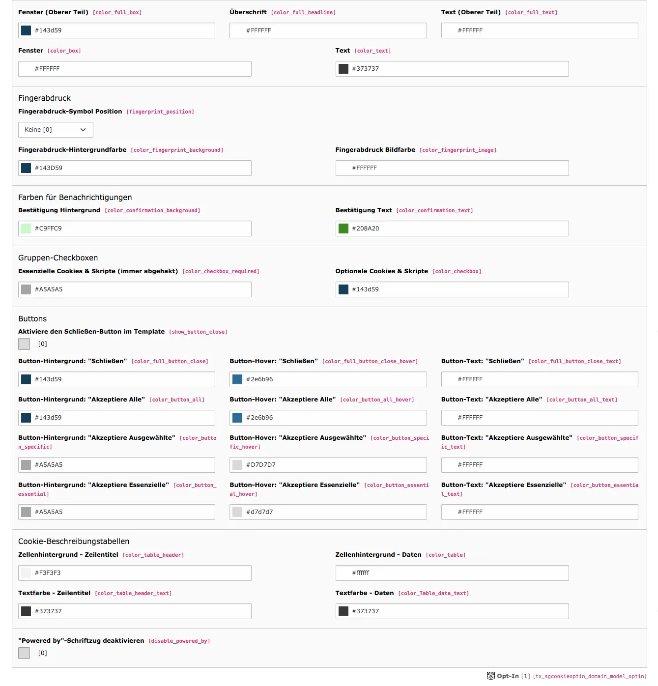 Cookie Consent TYPO3 Tab Template Farben