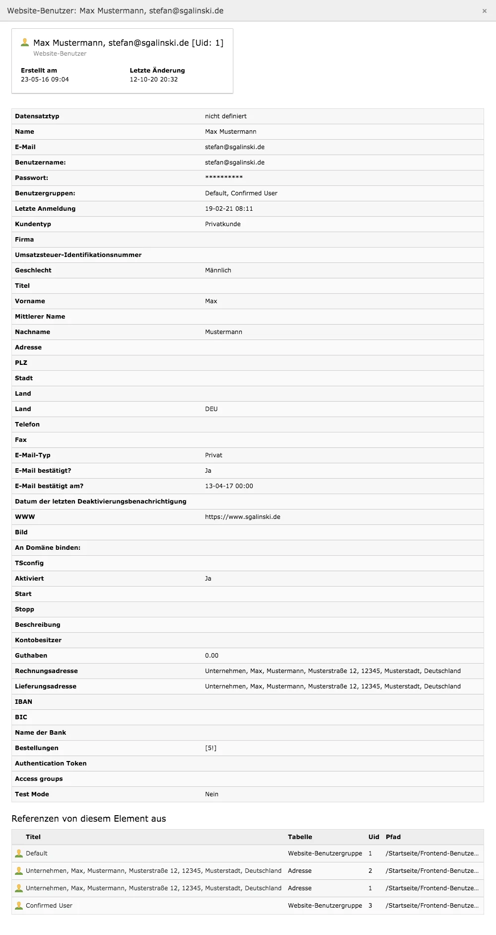 TYPO3 Modul Frontend-Benutzer Übersicht Informationen zum Benutzer