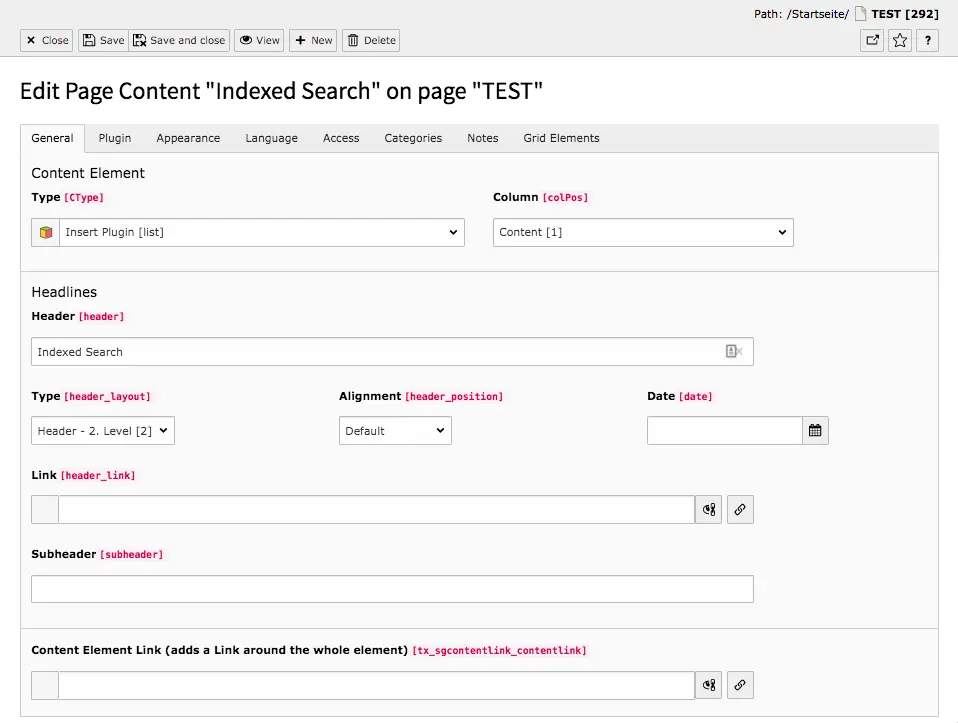 TYPO3 Content Element Form elements Indexed Search Backend Tab General