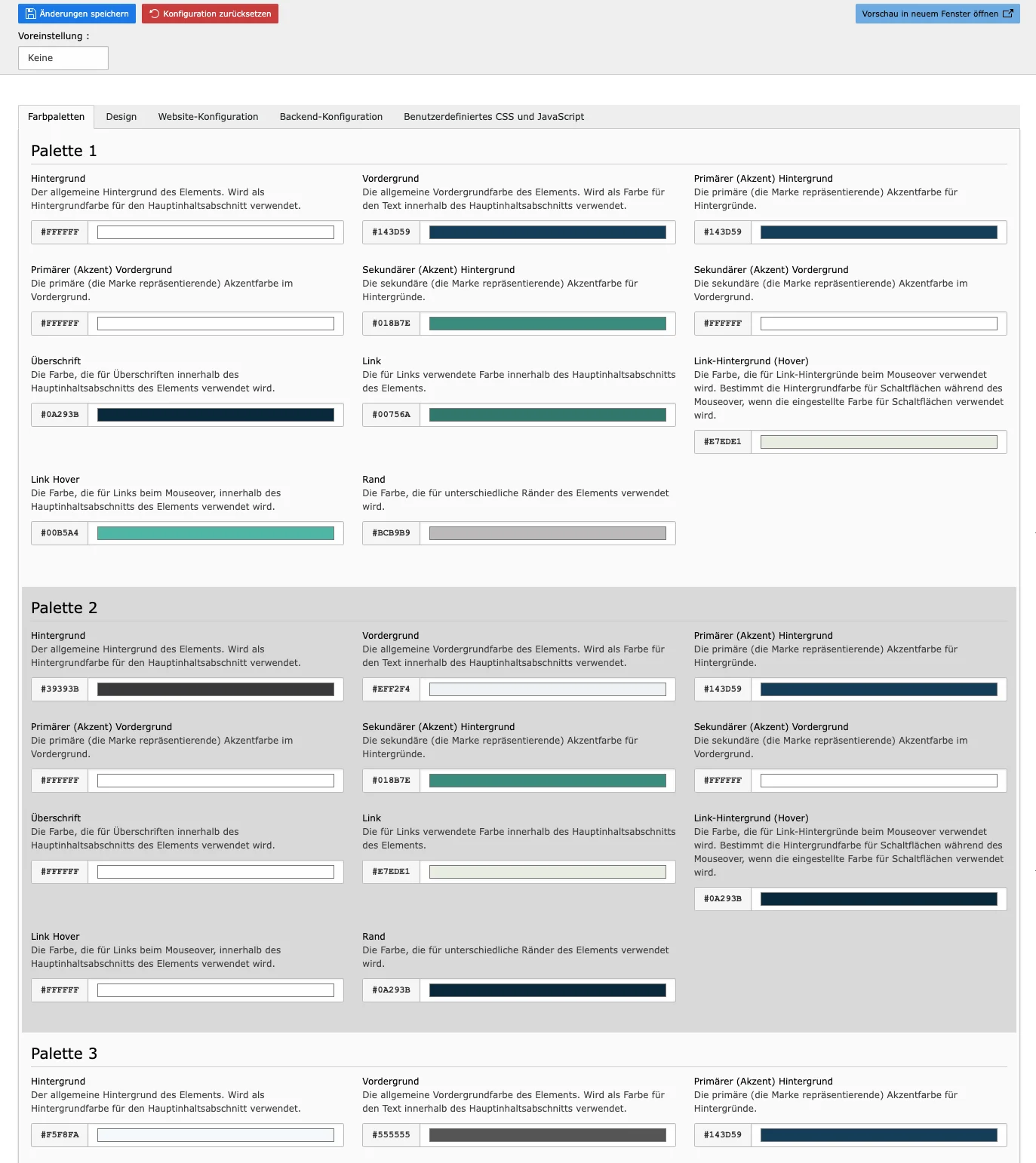 TYPO3 Modul Website-Konfiguration Farbpaletten 1-2