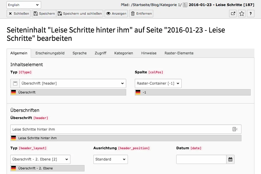 TYPO3 Inhaltselement übersetzen Inhaltseigenschaften Reiter Allgemein