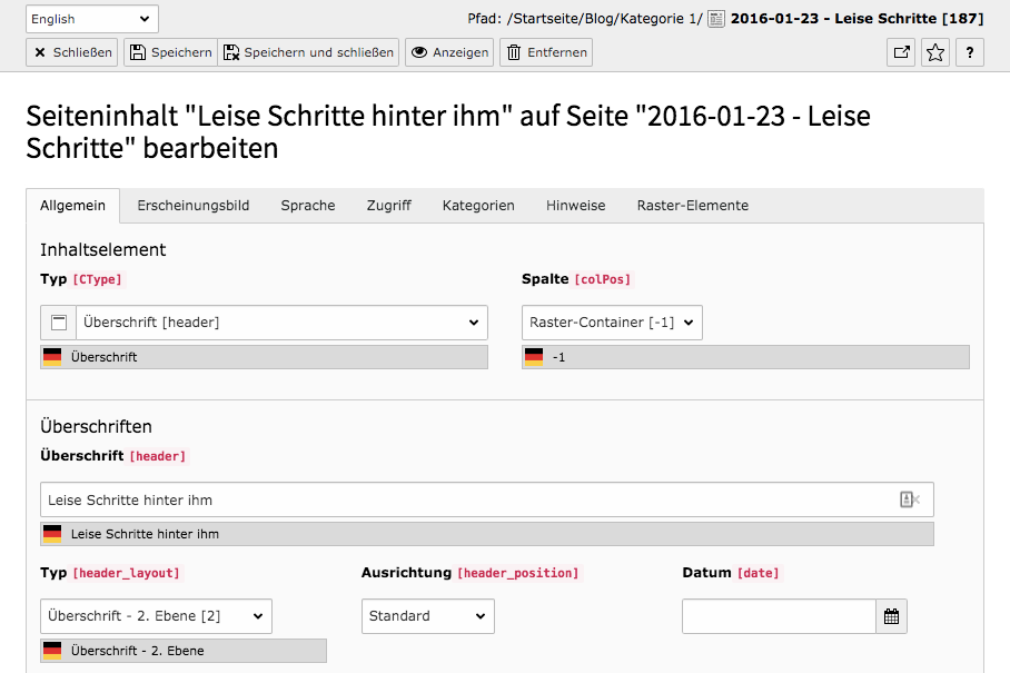 TYPO3 Inhaltselement übersetzen Inhaltseigenschaften Reiter Allgemein