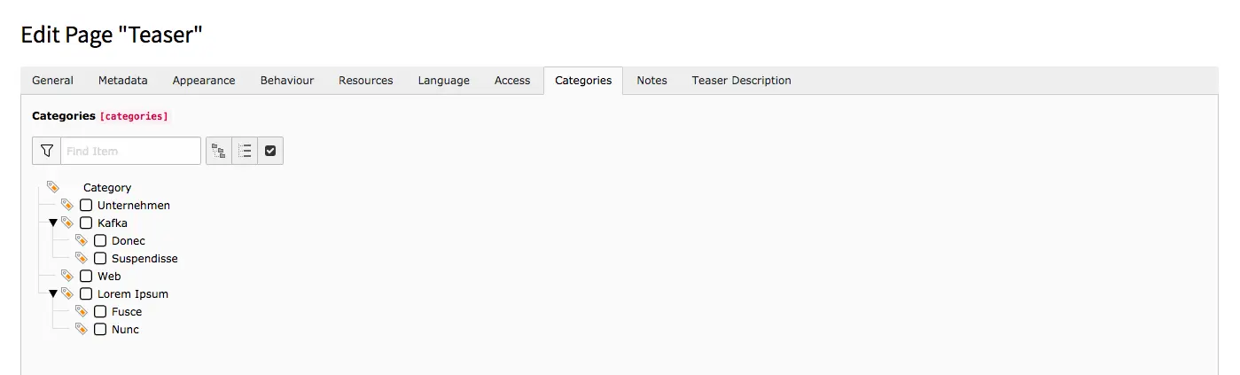 TYPO3 Edit Page Properties Tab Categories