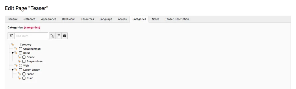 TYPO3 Edit Page Properties Tab Categories