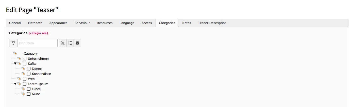 TYPO3 Edit Page Properties Tab Categories