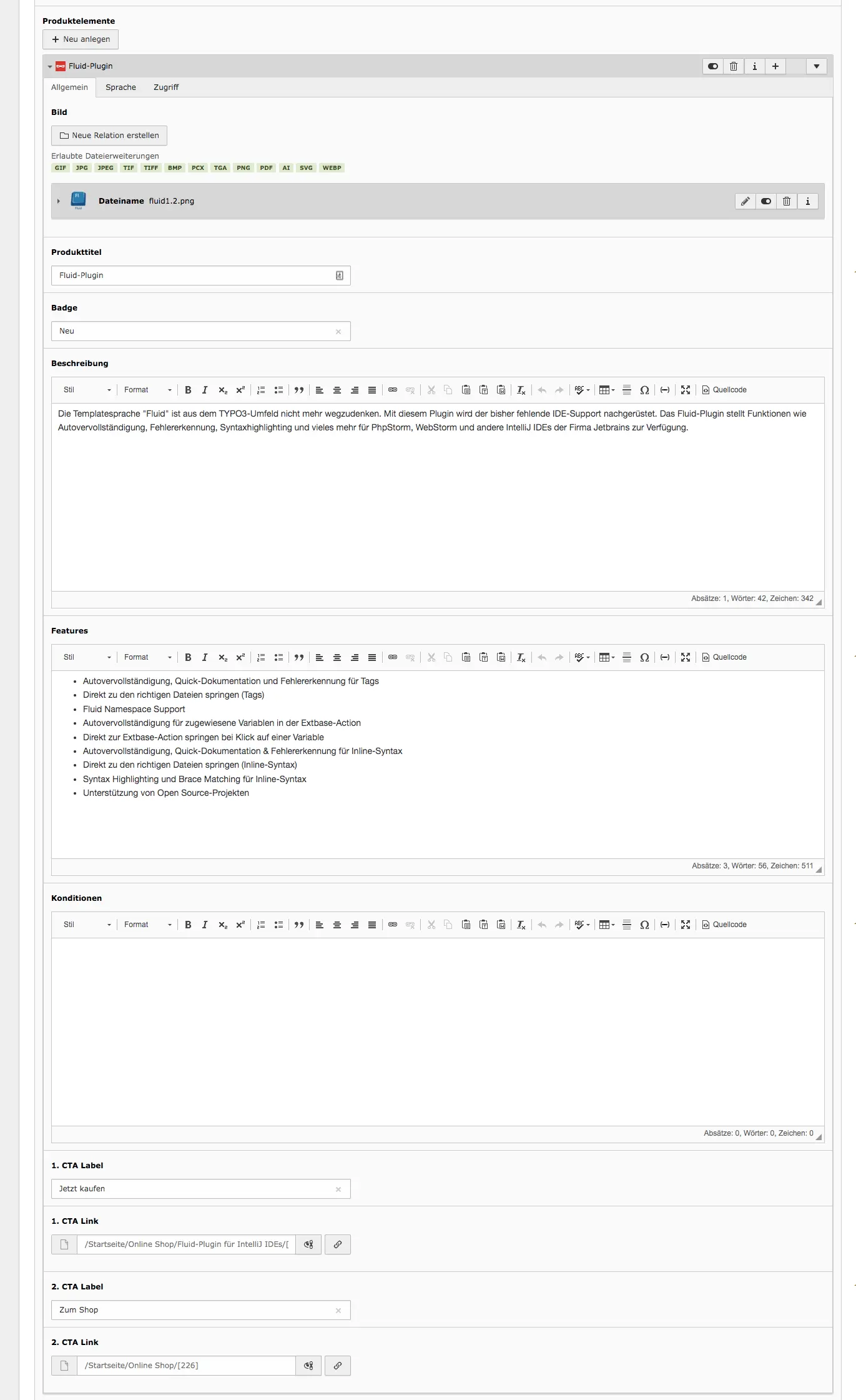 TYPO3 Backend Inhaltselement Mask Element Produkte 