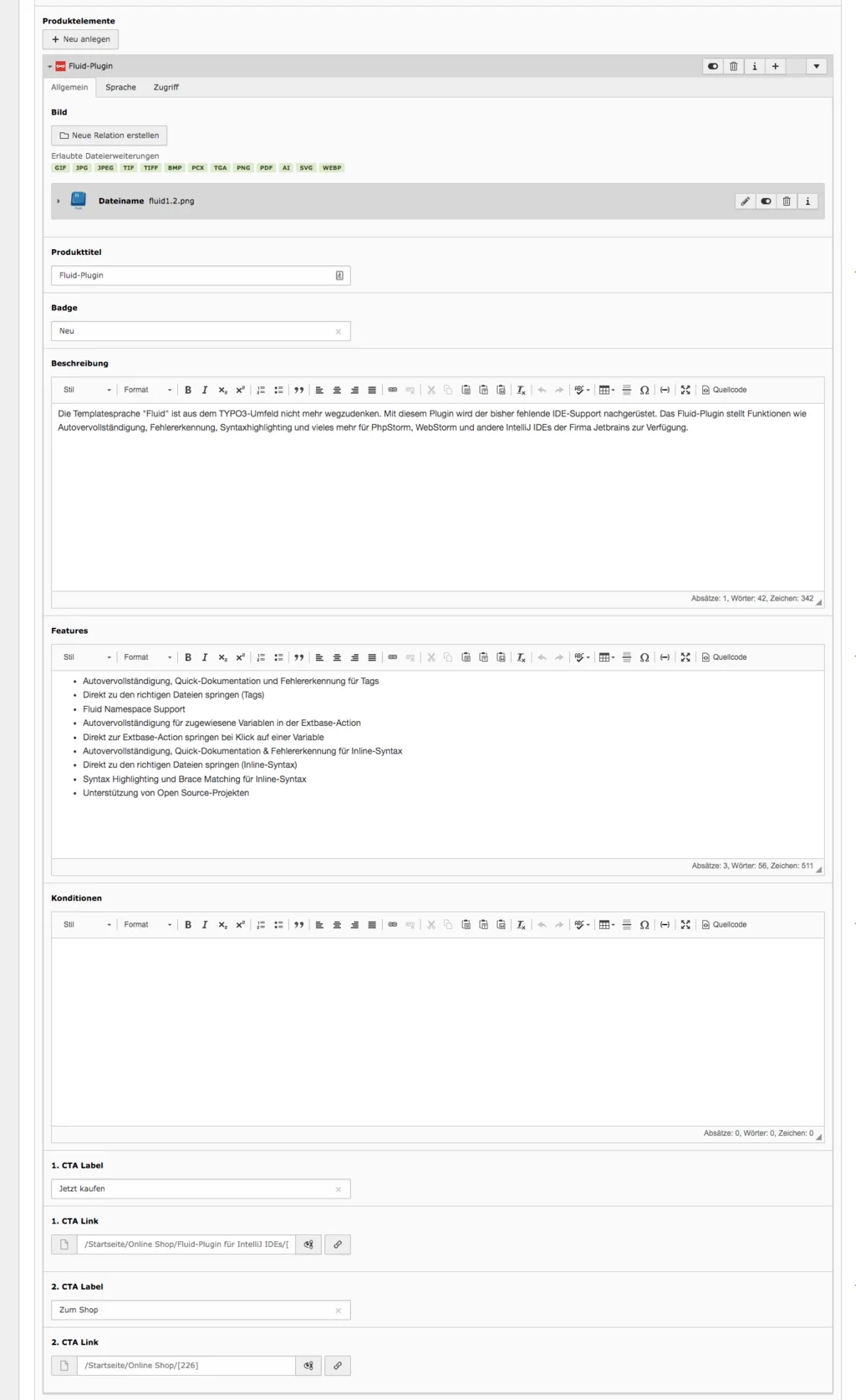 TYPO3 Backend Inhaltselement Mask Element Produkte 