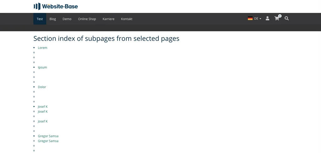 TYPO3 Section index of subpages from selected pages Frontend