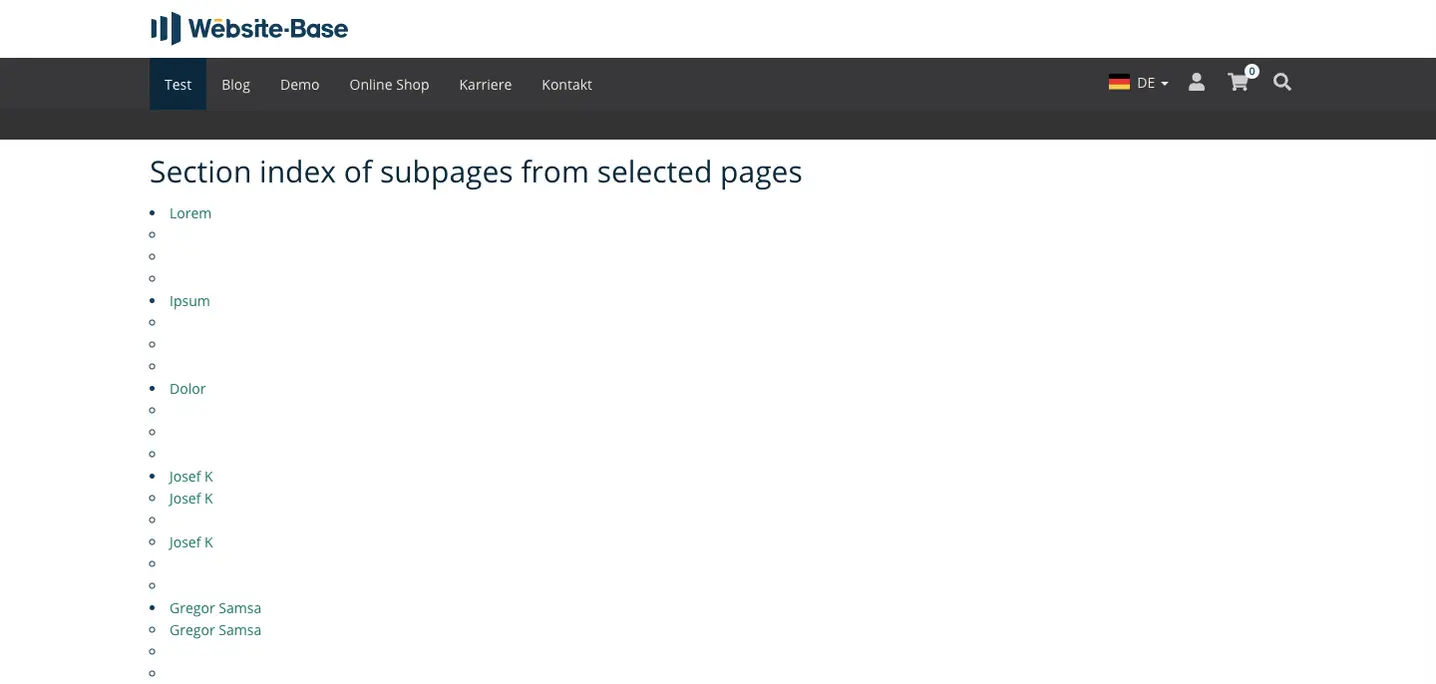 TYPO3 Section index of subpages from selected pages Frontend