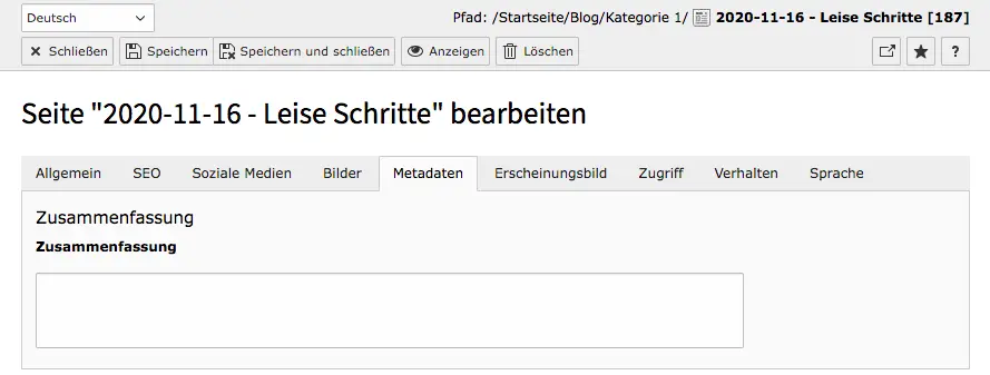 TYPO3 Seiteneigenschaften News Reiter Metadaten