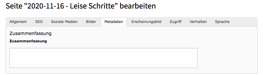 TYPO3 Seiteneigenschaften News Reiter Metadaten