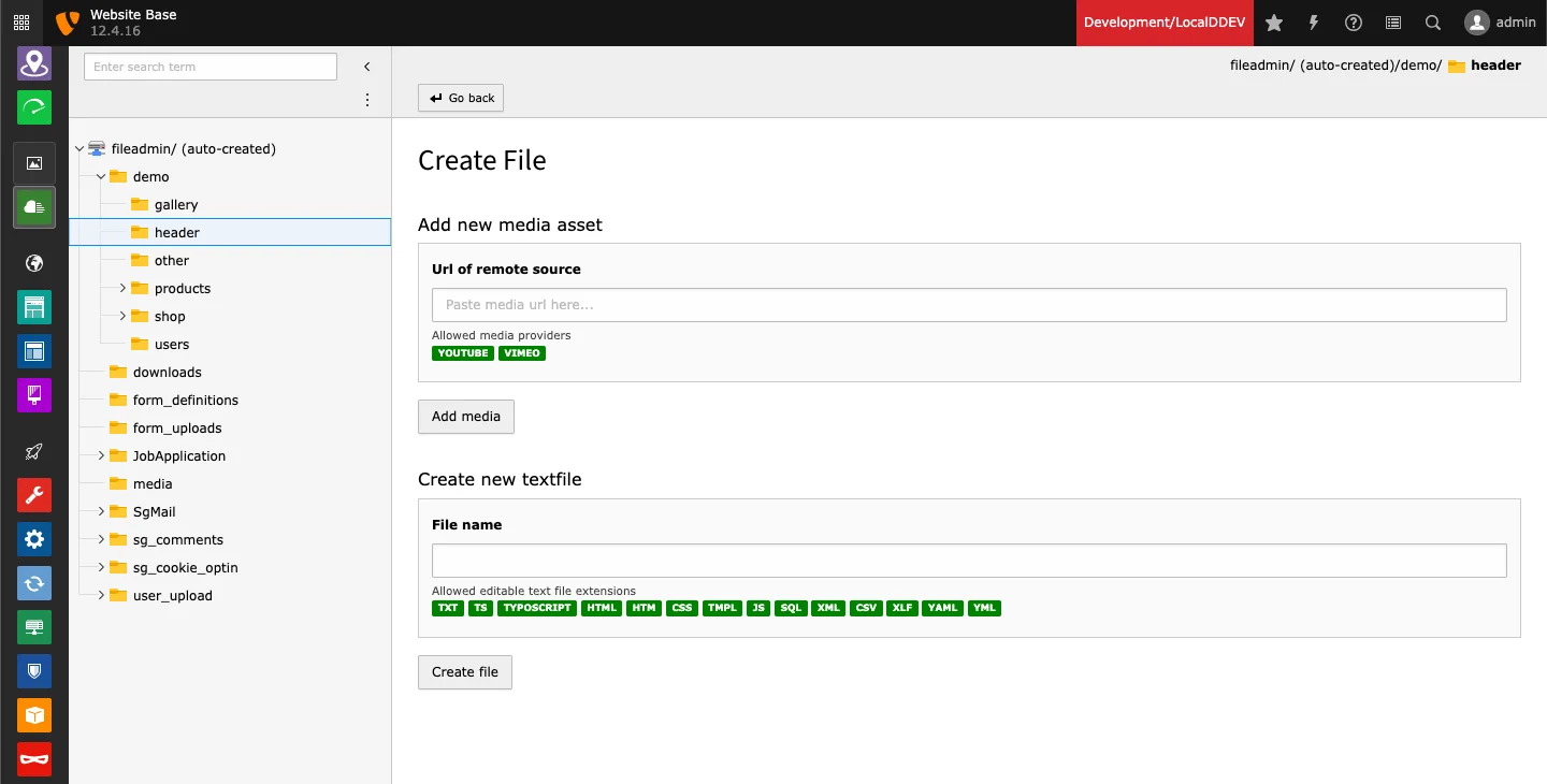 TYPO3 file list: Create file