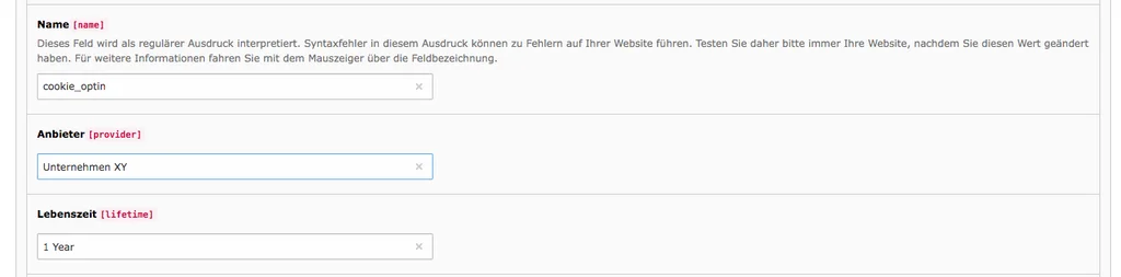 Cookie Consent TYPO3 Tab Gruppe essentieller Skripte & Cookies Anbieter
