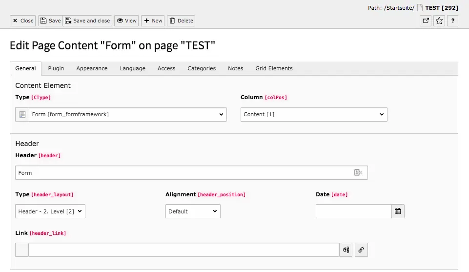 TYPO3 Content Element Form Elements Form Backend Tab General