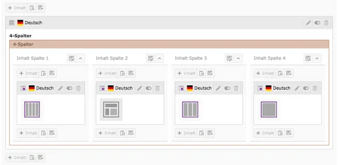 TYPO3 Backend Inhaltsbereich 4-Spalter befüllt mit Inhaltselementen