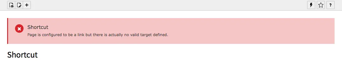 TYPO3 Shortcut Page Note no target