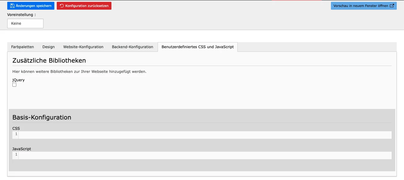 TYPO3 Modul Website Konfiguration Reiter Benutzerdefiniertes CSS und JavaScript