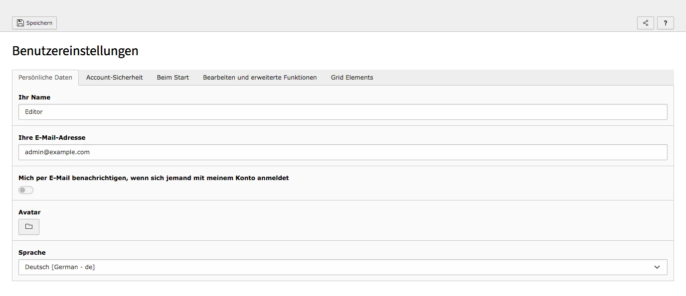 TYPO3 User Settings Tab Personal Data