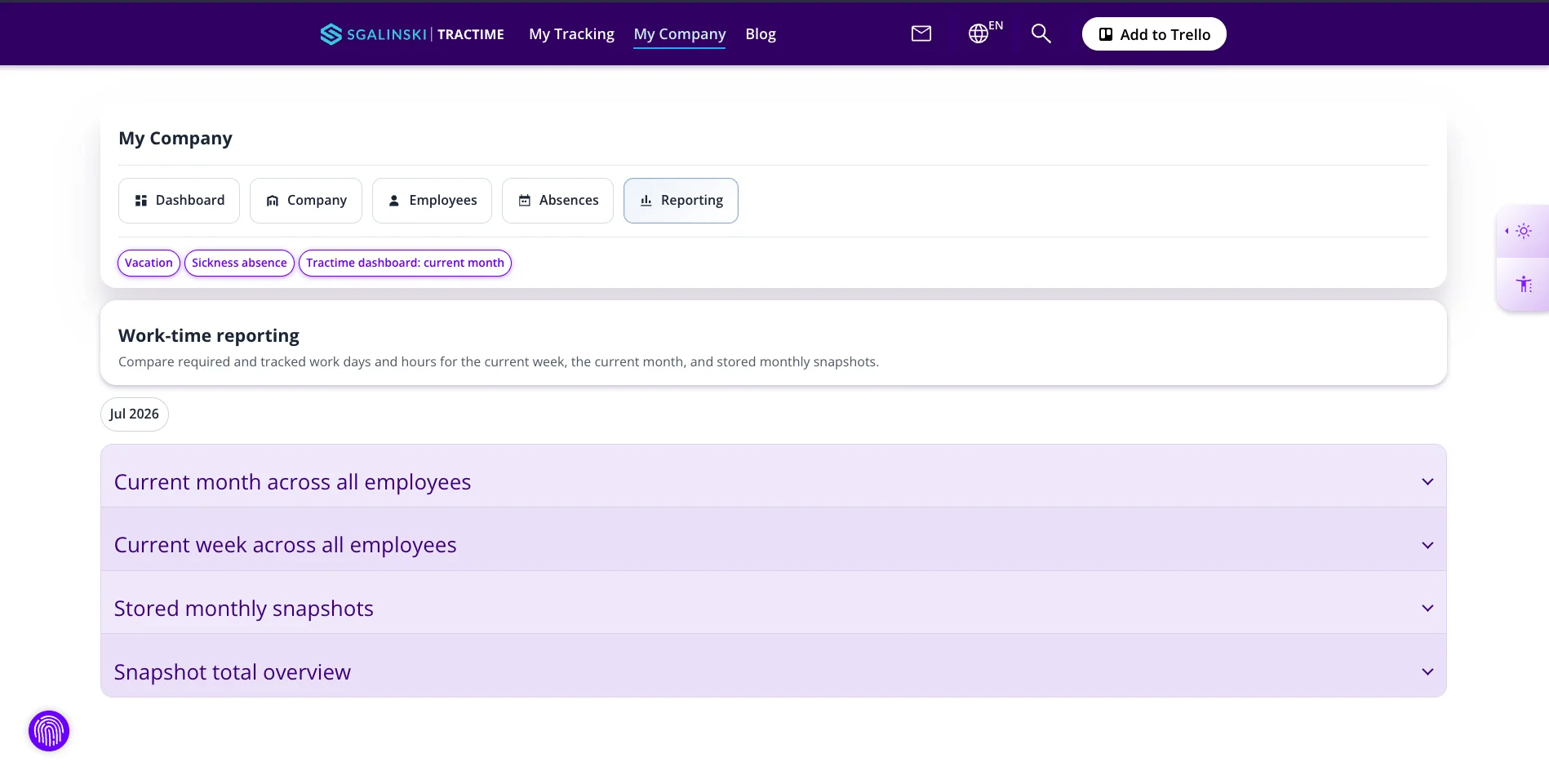 Tractime app My Company page with work-time reporting dashboard for employee hours and snapshots.