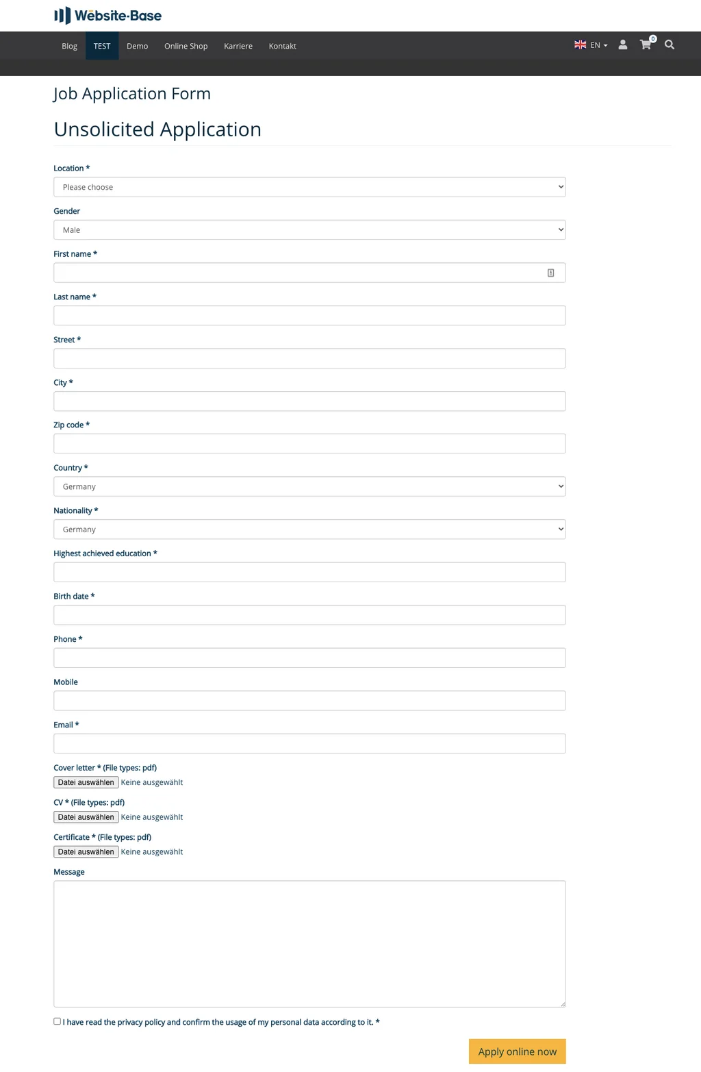 TYPO3 Content Elements Plugins Job Application Form Frontend