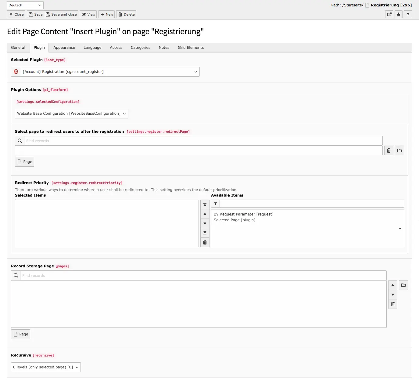 TYPO3 Account Content Element Registration Backend Tab Plugin