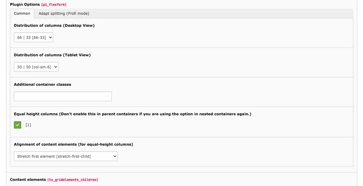 TYPO3 Content Element Grid Elements Two Columns Backend Tab General Distribution of Columns