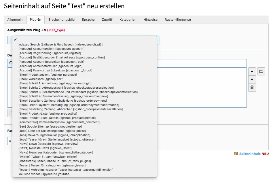 TYPO3 Inhaltselement Allgemeines Plug-In Reiter Plug-In