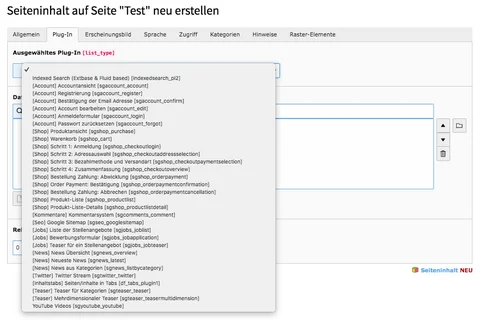 TYPO3 Inhaltselement Allgemeines Plug-In Reiter Plug-In