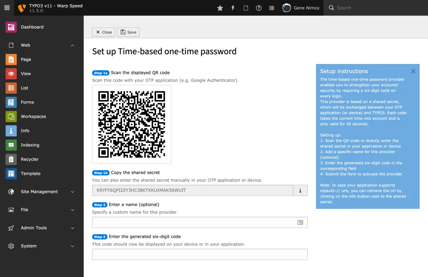 TYPO3 v11 LTS MFA Setup mit QR-Code