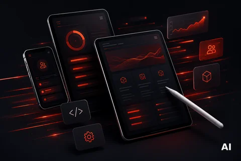 Futuristic dark UI on angled smartphone and tablet: red neon charts, gauges, icons, code, gear; stylus nearby on black bg.