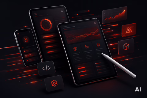 Futuristic dark UI on angled smartphone and tablet: red neon charts, gauges, icons, code, gear; stylus nearby on black bg.