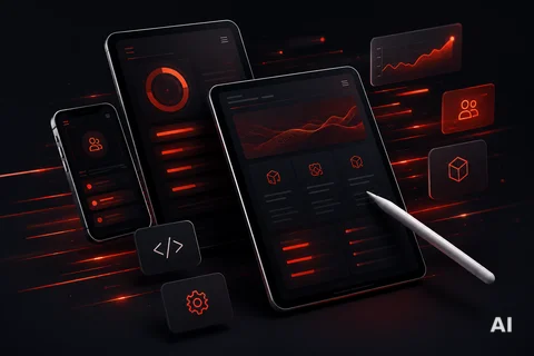 Futuristic dark UI on angled smartphone and tablet: red neon charts, gauges, icons, code, gear; stylus nearby on black bg.