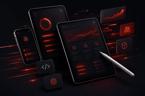 Futuristic dark UI on angled smartphone and tablet: red neon charts, gauges, icons, code, gear; stylus nearby on black bg.