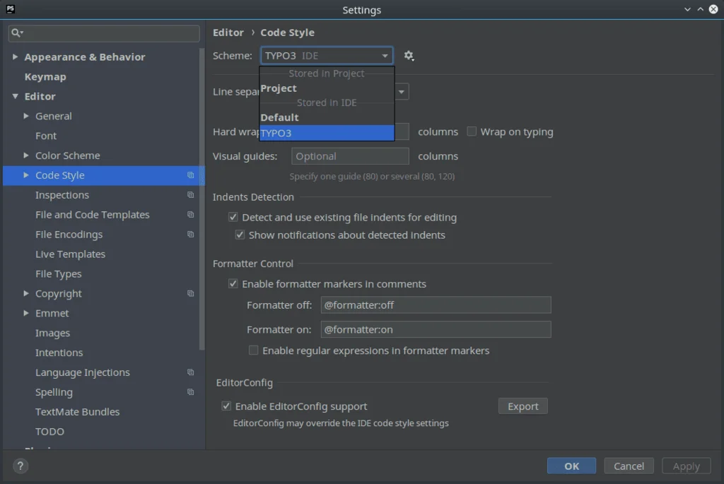 Change Code Style Scheme in PhpStorm