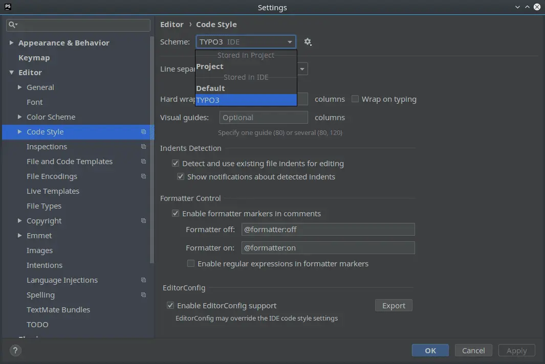 Change Code Style Scheme in PhpStorm