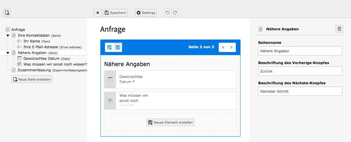 TYPO3 Modul Formulare Formular-Seite Einstellungen