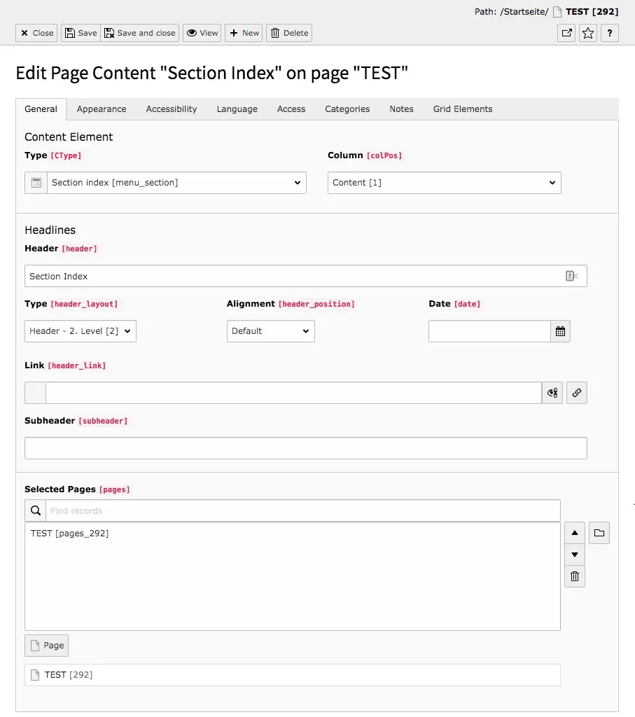 TYPO3 Content Element Menu Section Index Backend Tab General