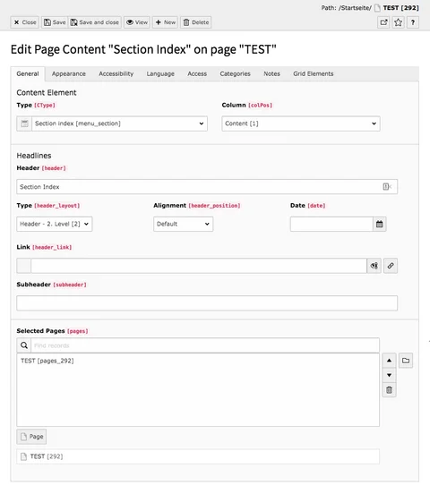 TYPO3 Content Element Menu Section Index Backend Tab General